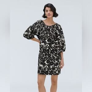 Everlane The Seersucker Puff Sleeve Dress Black White Small NWT 3/4 Sleeve